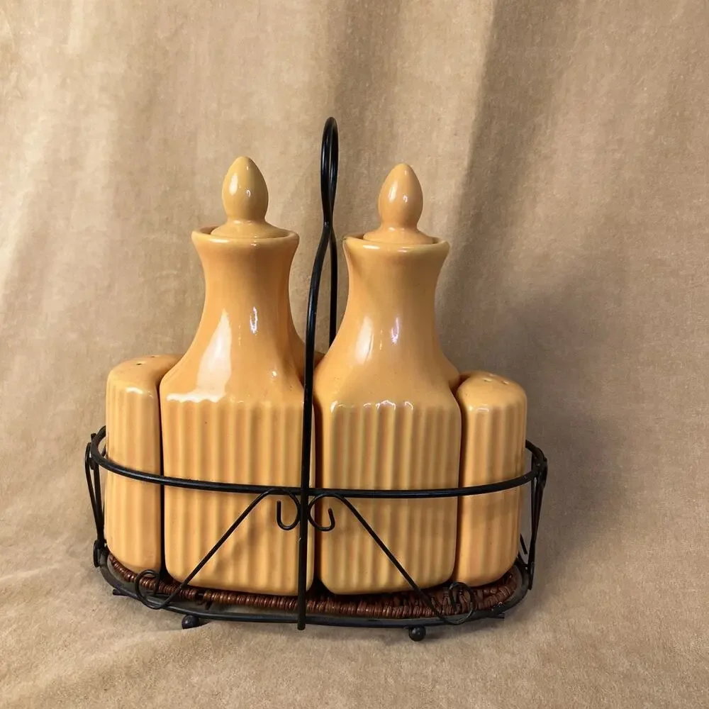 TEMPTATIONS‎ ORANGE CERAMIC OIL & VINEGAR CRUET SALT & PEPPER SHAKER CADDY SET
